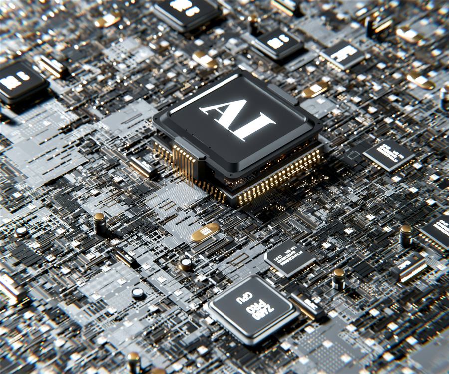 Puce électronique portant l'inscription AI sur un circuit imprimé, symbolisant l'intelligence artificielle.